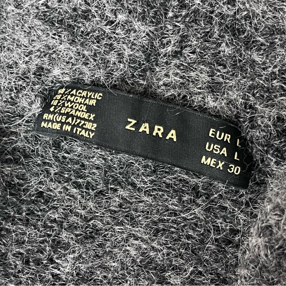 Zara Charcoal Grey Mohair Wool Cardigan L Soft Fuzzy Ruffle Trim Cozy Goth - Picture 10 of 11